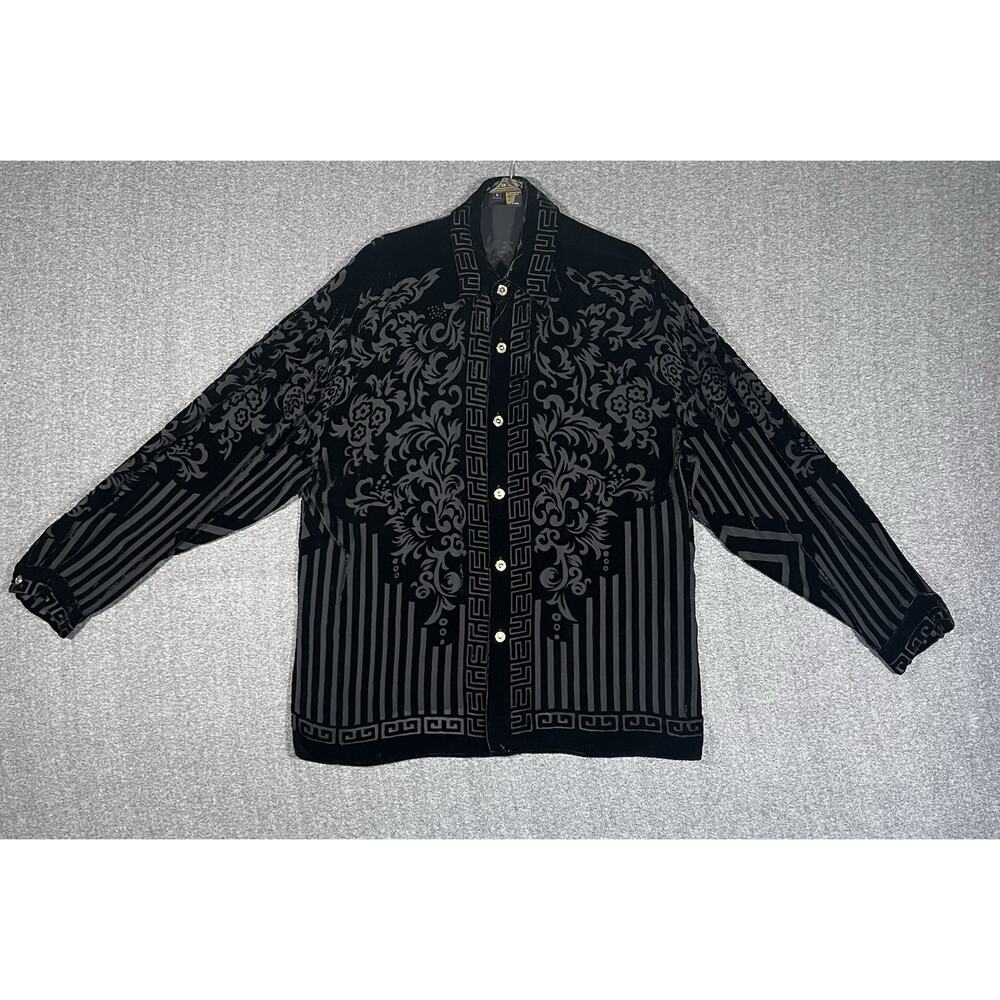 Seta Per Uomo Shirt Men's Large Black Sheer Geometric Velvet Paisley Silk Blend